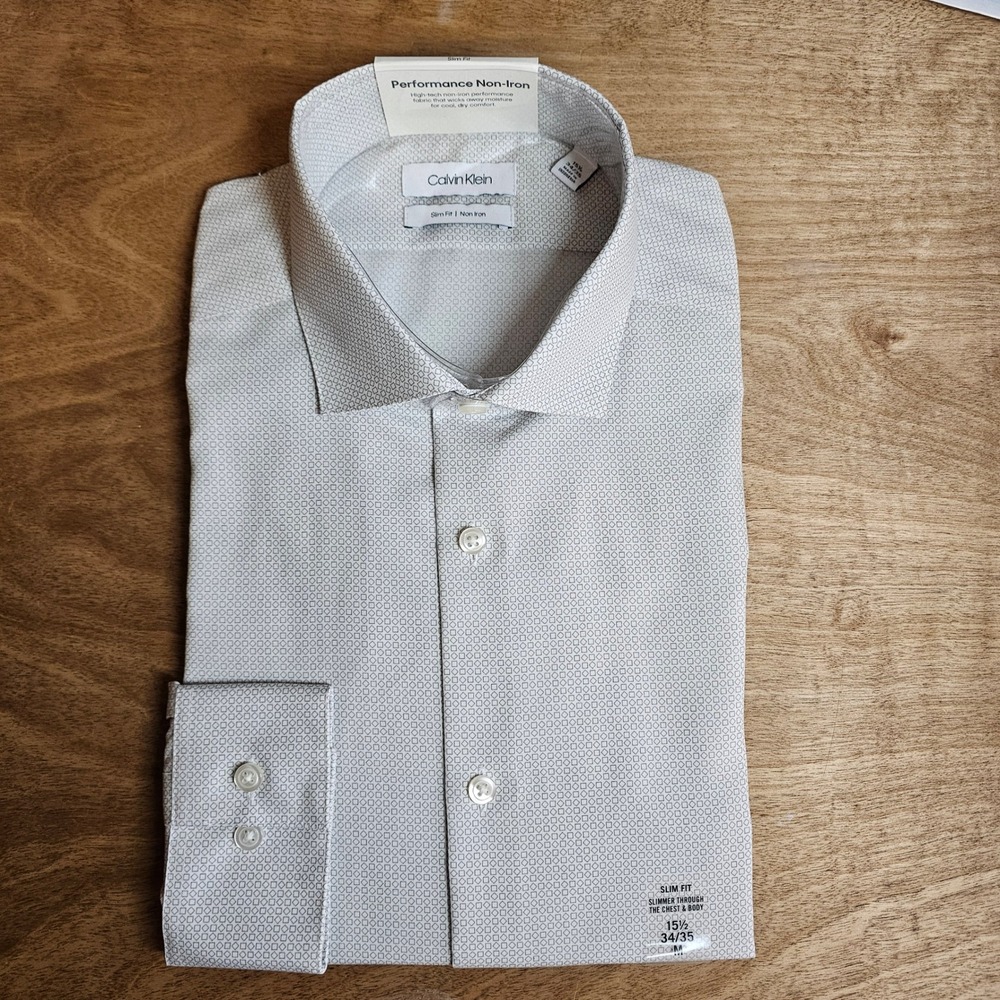 Calvin Klein Men Performance Non-Iron Slim Fit Dress Shirt Grey Print 15.5 34/35